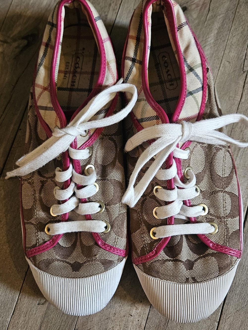 Coach Canvas Low-Top Sneakers in Brown with Pink Trim